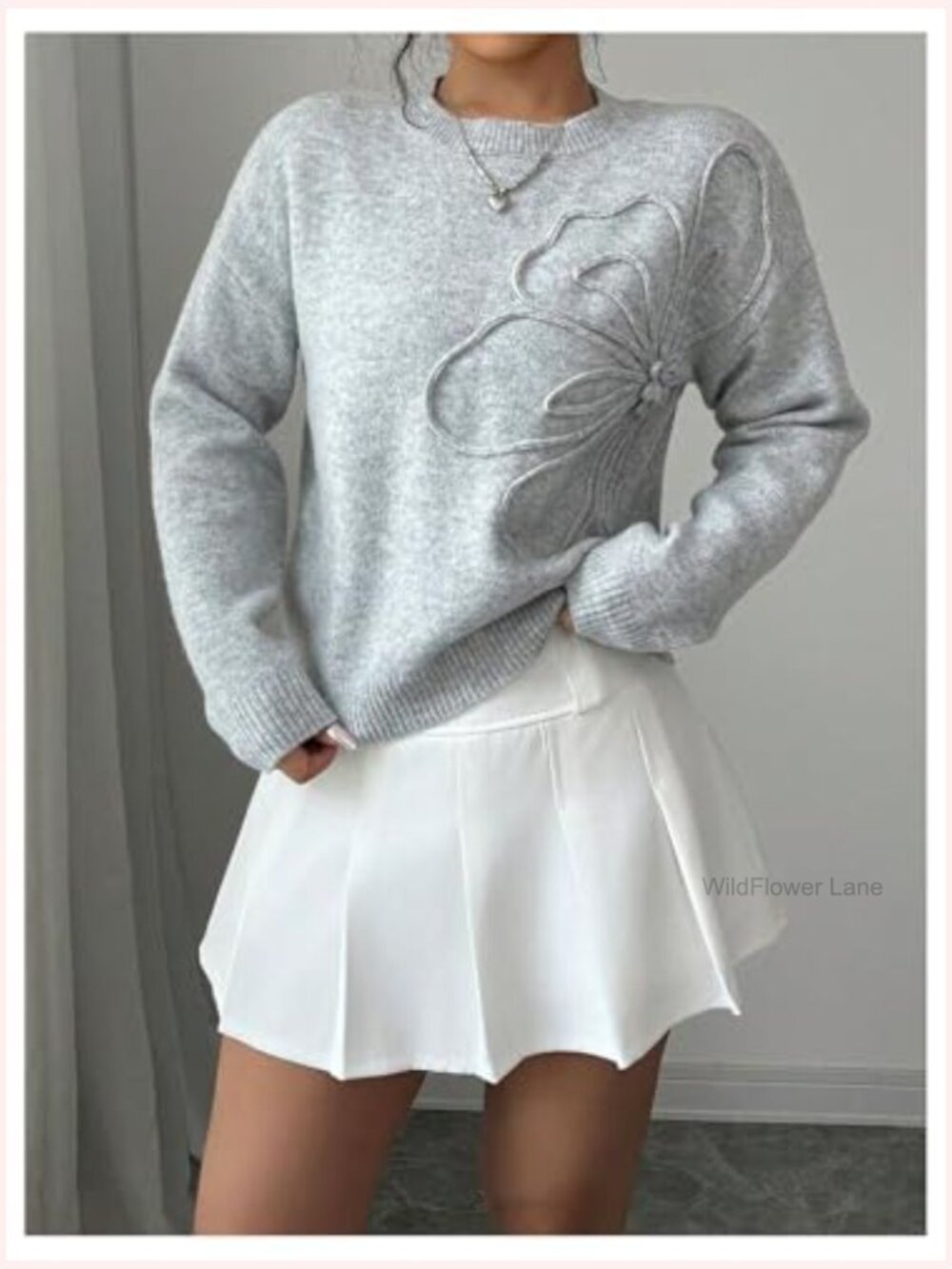 3D Floral Appliques Crewneck Sweater Long Sleeve Drop Shoulder Pullover Knit Top - Picture 3 of 5